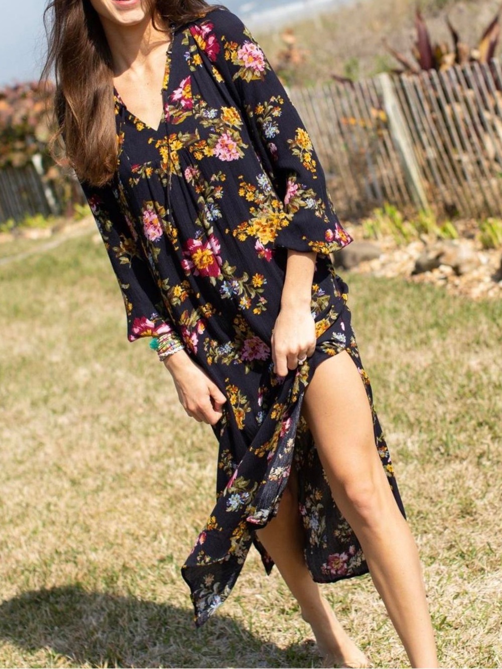Natural Life Black Floral Boho Maxi Dress XL Long Sleeve